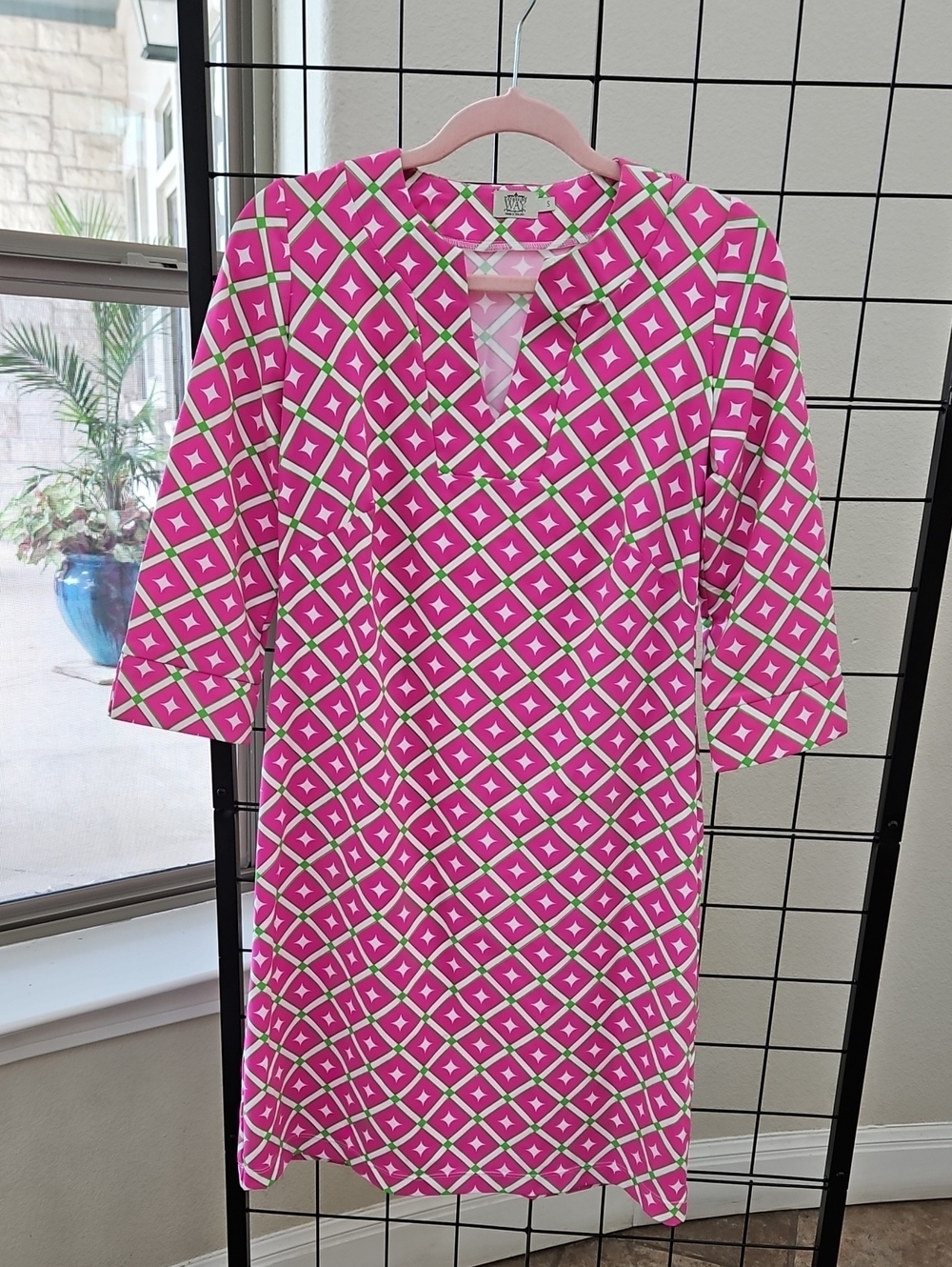 Katherine Way Pink and Green Geometric V-Neck Dress